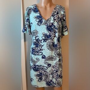 Aryeh Flutter Ruffle Sleeve Blue Paisley Dress Large